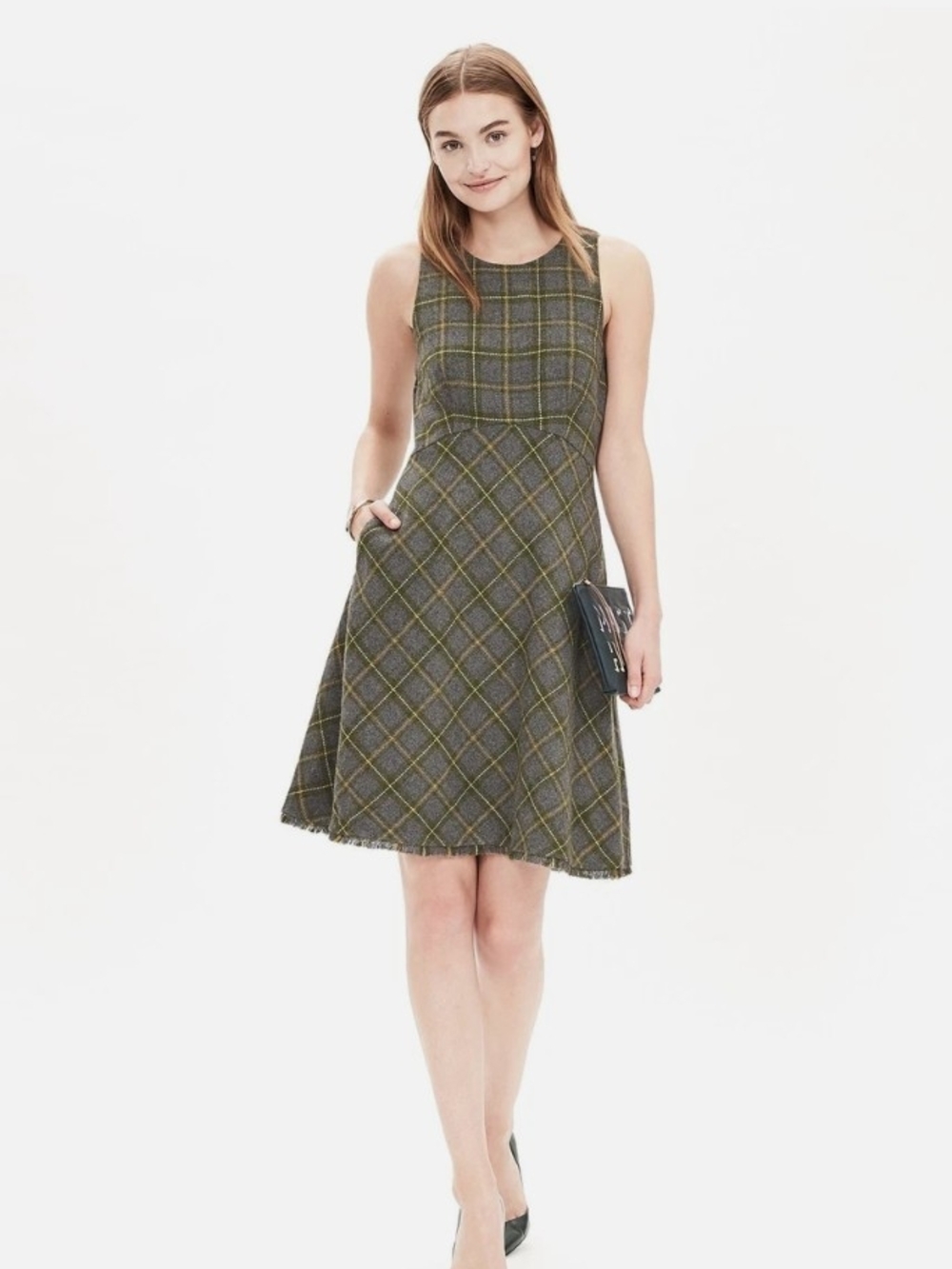 Plaid Sleeveless A-Line Dress in Olive Green